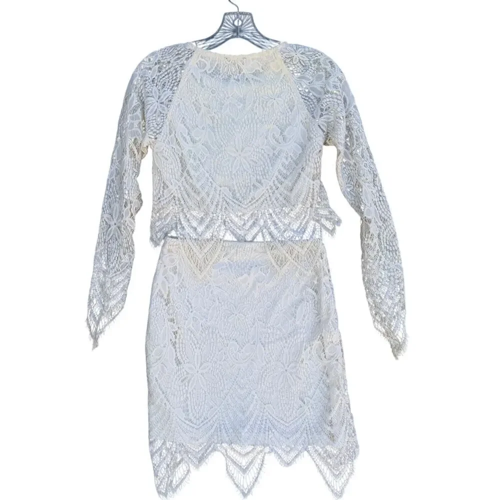 Danity Ivory Lace Two Piece Set Crop Top Skirt Boho Size Small